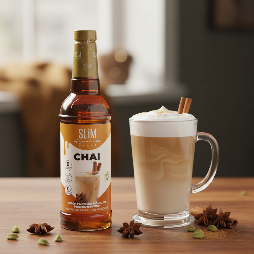 Sirop SLiM Chai avec latte crémeux, cannelle et épices, ambiance café automnal