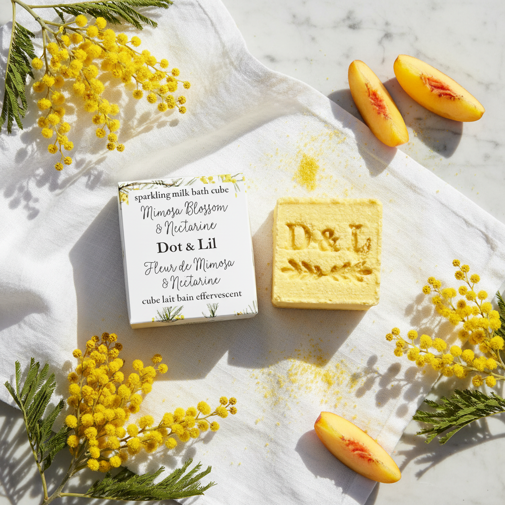 Cube lait de bain Mimosa Nectarine Dot & Lil flat lay avec mimosas et nectarines