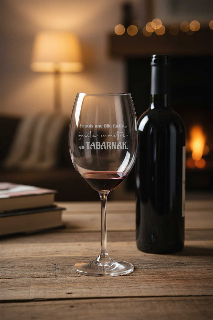 Verre à vin humoristique québécois sur table rustique avec bouteille de vin rouge