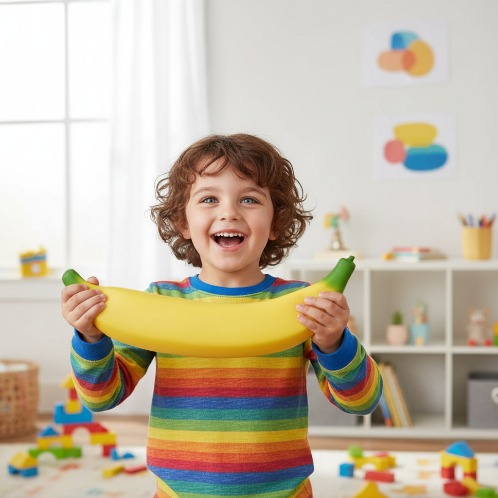 Enfant souriant tenant une banane squishy jumbo
