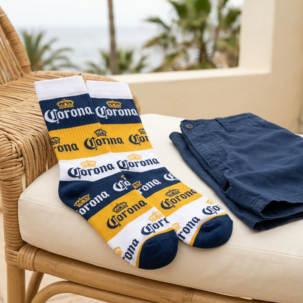 Chaussettes Corona présentées sur un fauteuil en rotin dans un décor de terrasse lumineux.