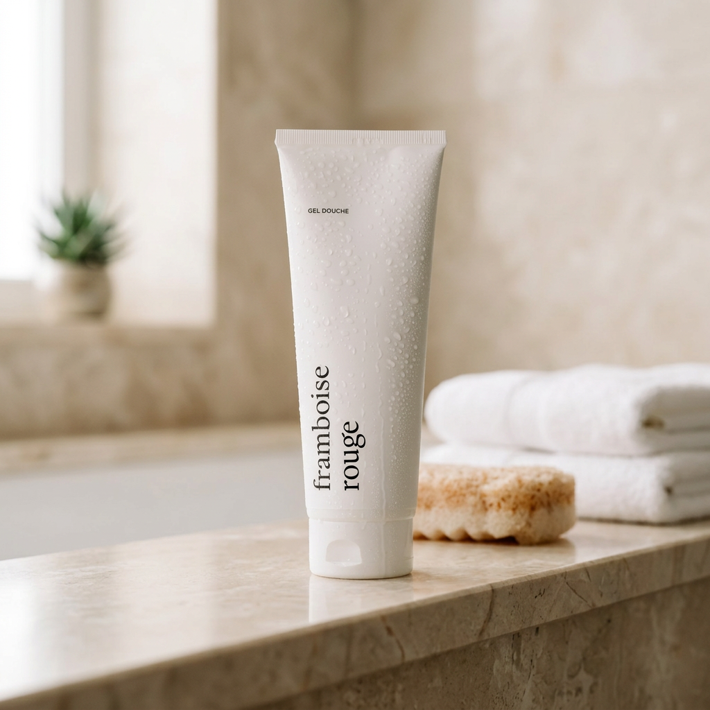 Gel douche Framboise rouge Marée dans une ambiance salle de bain crème