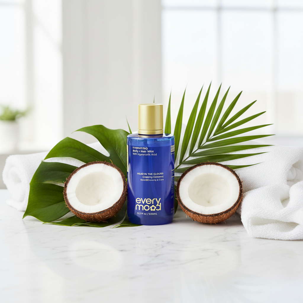 Every Mood brume hydratante corps et cheveux Creamy Coconut sur marbre blanc avec noix de coco et feuilles tropicales