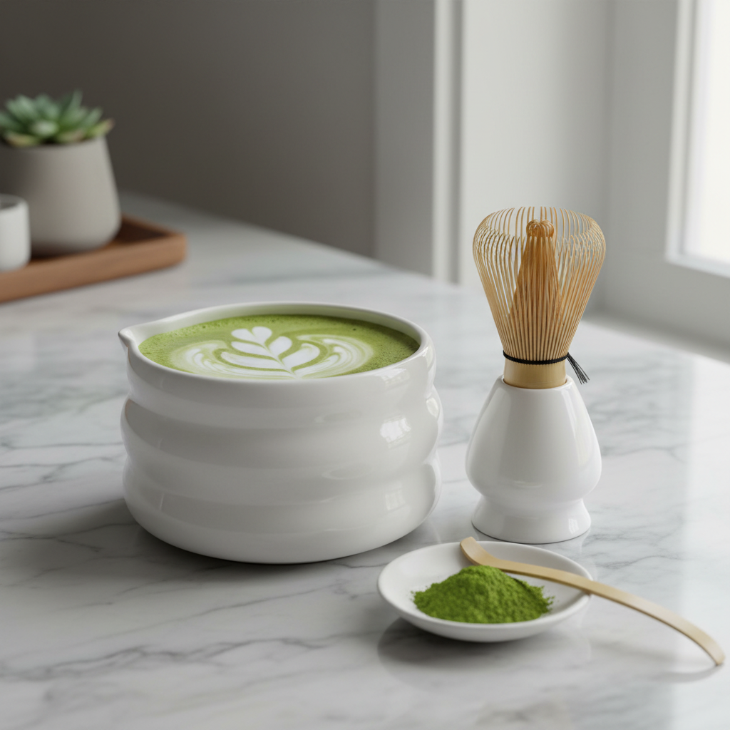 Ensemble bol et support matcha Bubble avec poudre de matcha et latte prêt