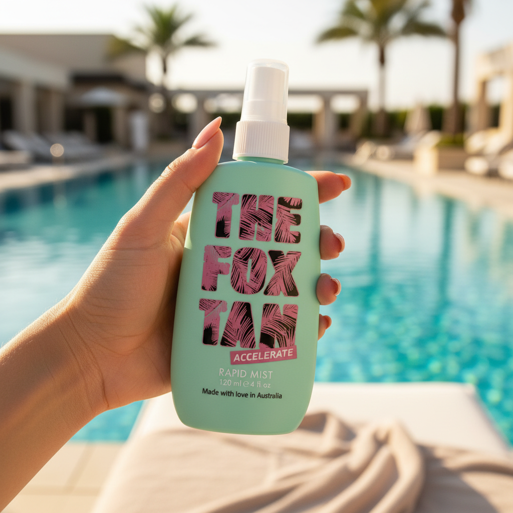 The Fox Tan Accelerate Rapid Mist tenu dans les mains près d’une piscine
