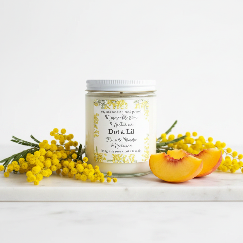 Bougie de soya Mimosa Nectarine Dot & Lil sur marbre avec mimosa frais