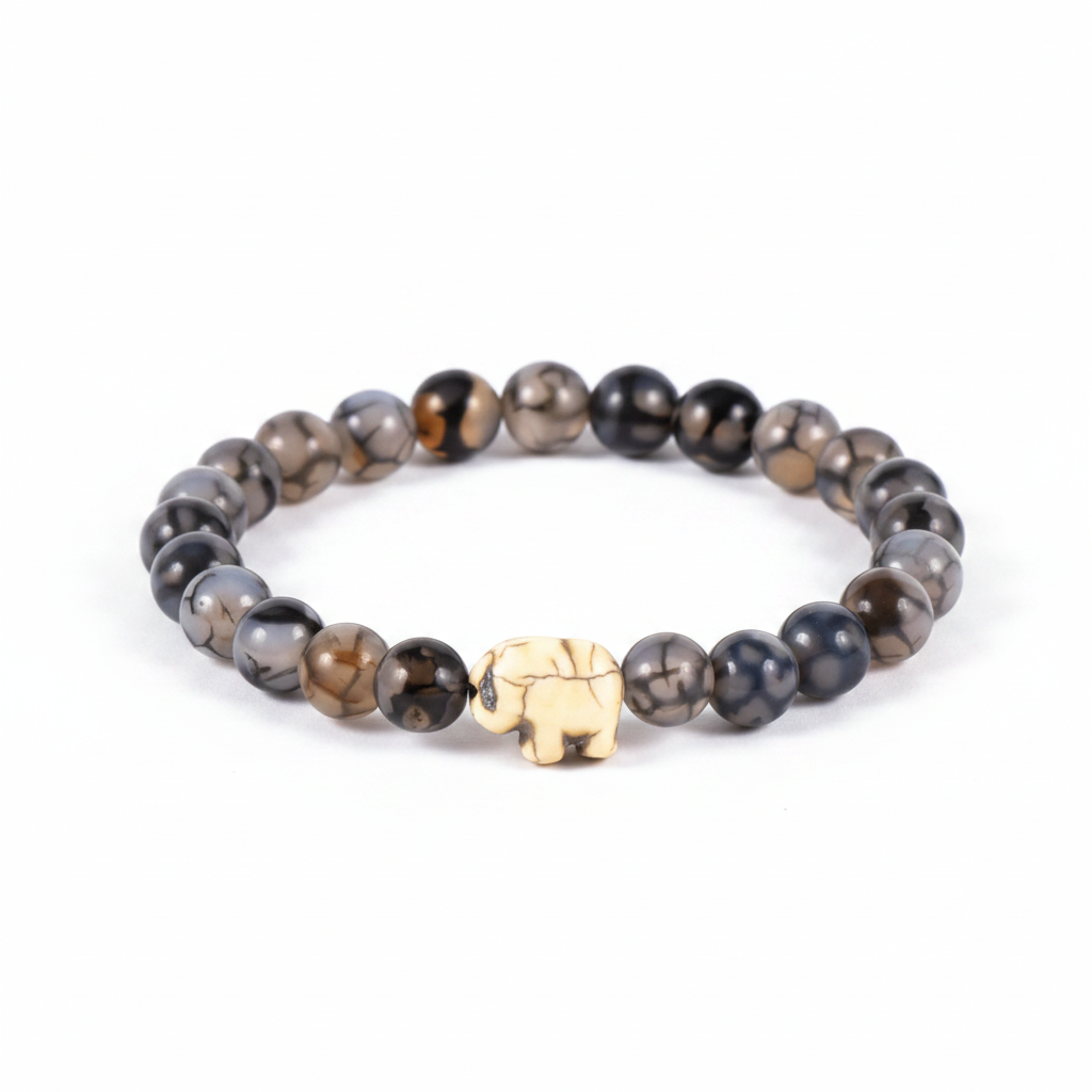 Bracelet Fahlo Éléphant Expédition Key perles agate dragon vein sur fond blanc