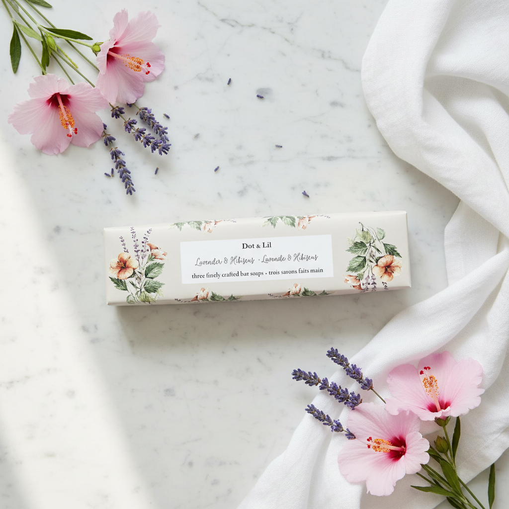 Trio de savons Lavande Hibiscus Dot & Lil flat lay avec lavande et hibiscus