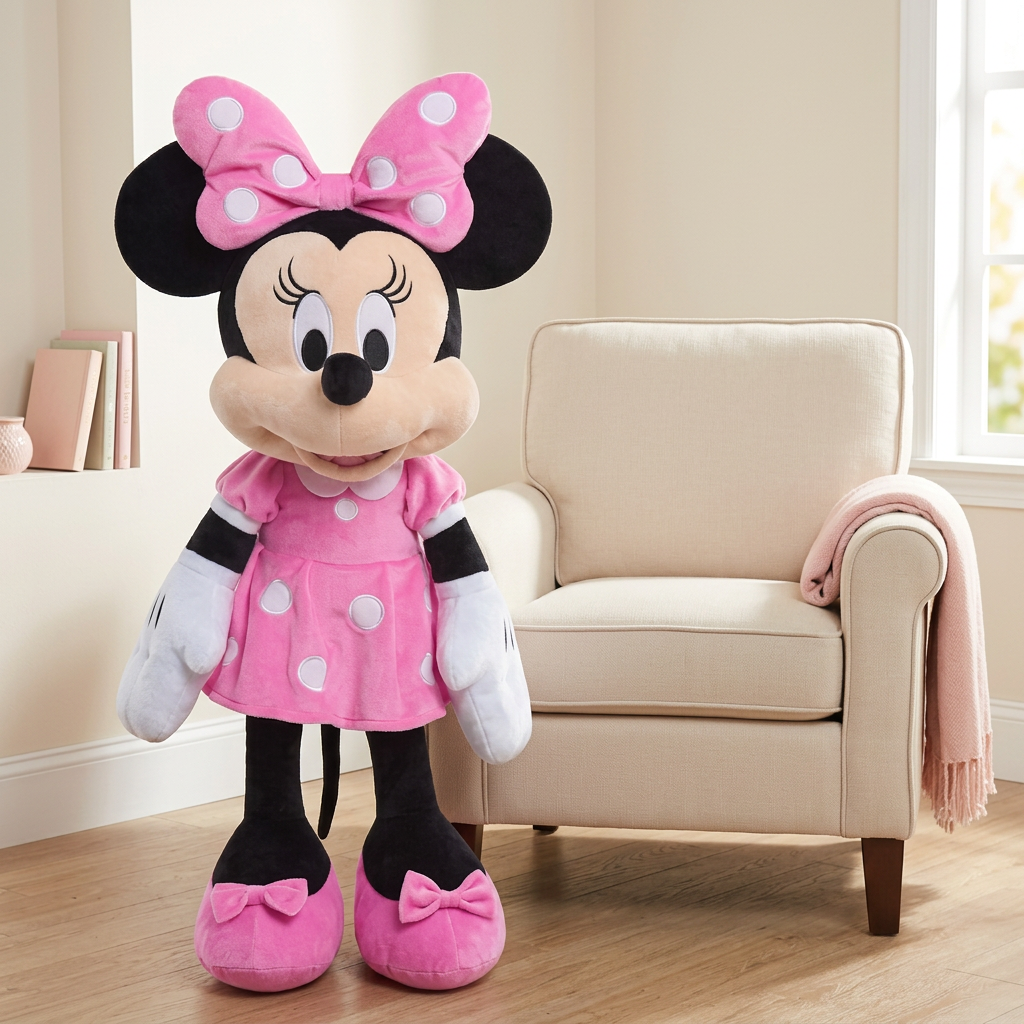 Mise en scène de la peluche Minnie Mouse géante à côté d’un fauteuil dans un coin lecture.