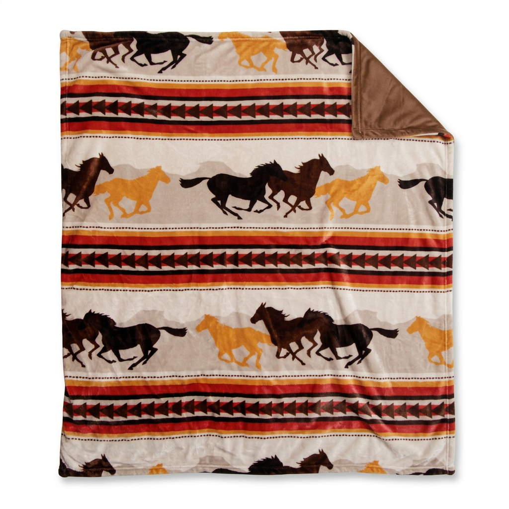 Doudou Running Horses à motifs de chevaux avec revers brun sur fond blanc