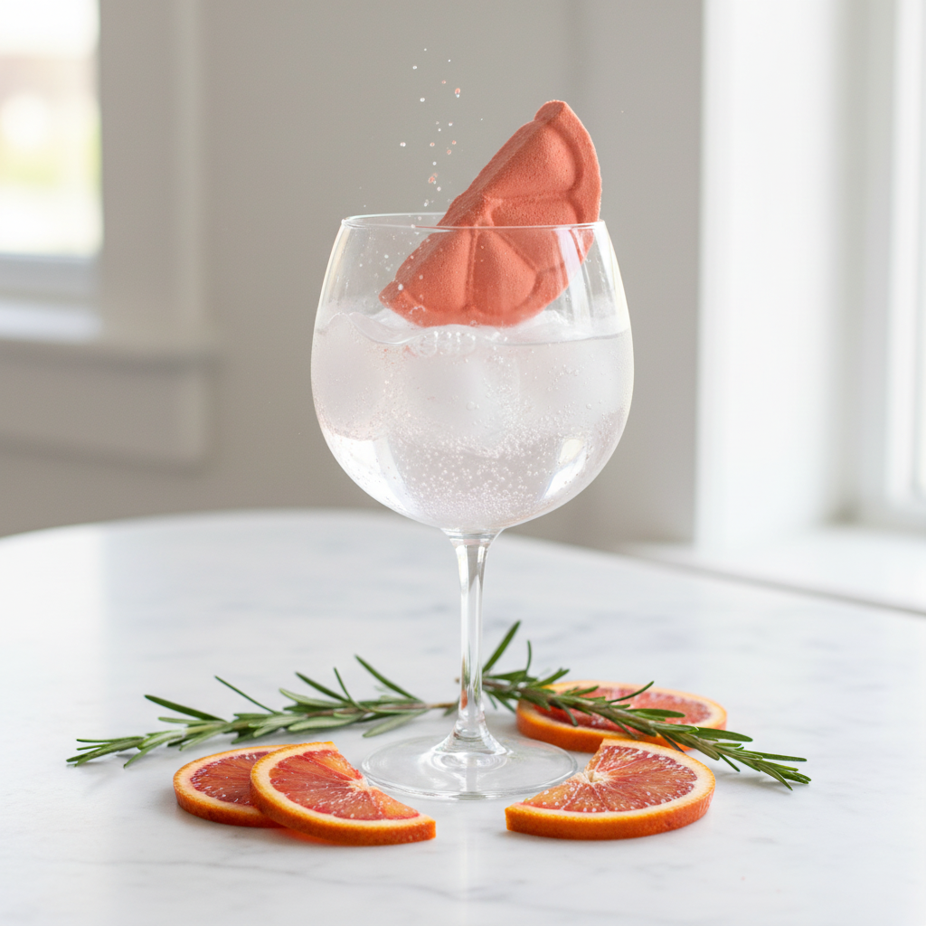 Bombe à cocktail orange sanguine qui se dissout dans un verre de gin tonic