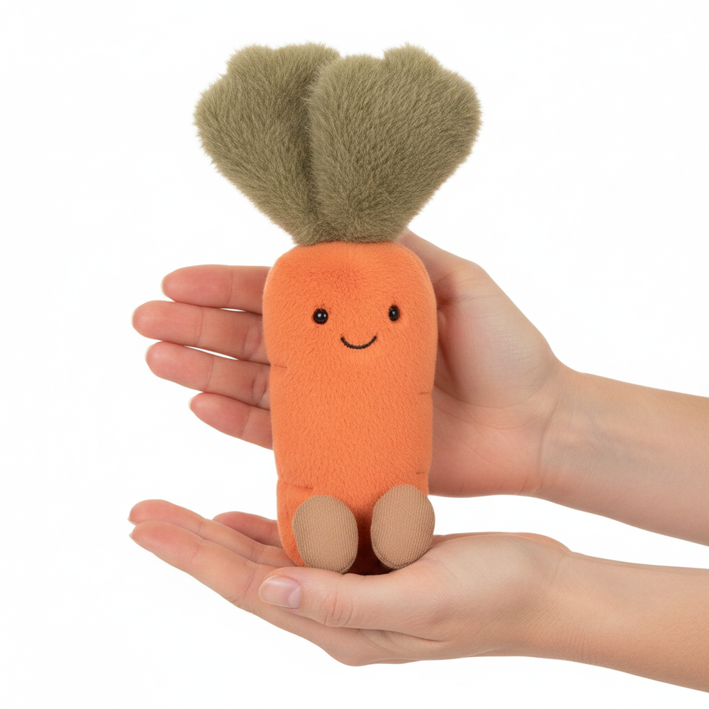 Jellycat Amuseables Carrot — Peluche Carotte tenue dans les mains