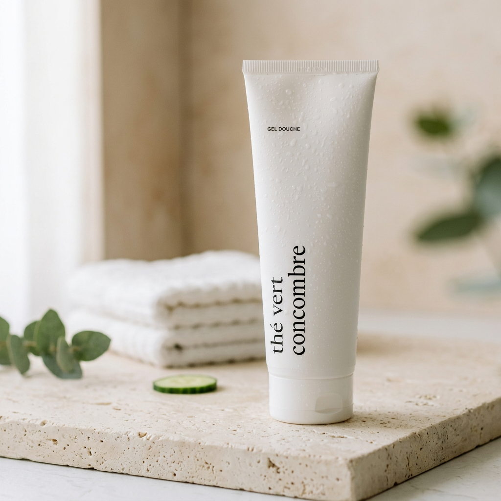 Gel douche Thé vert et concombre Marée dans une salle de bain aux tons crème