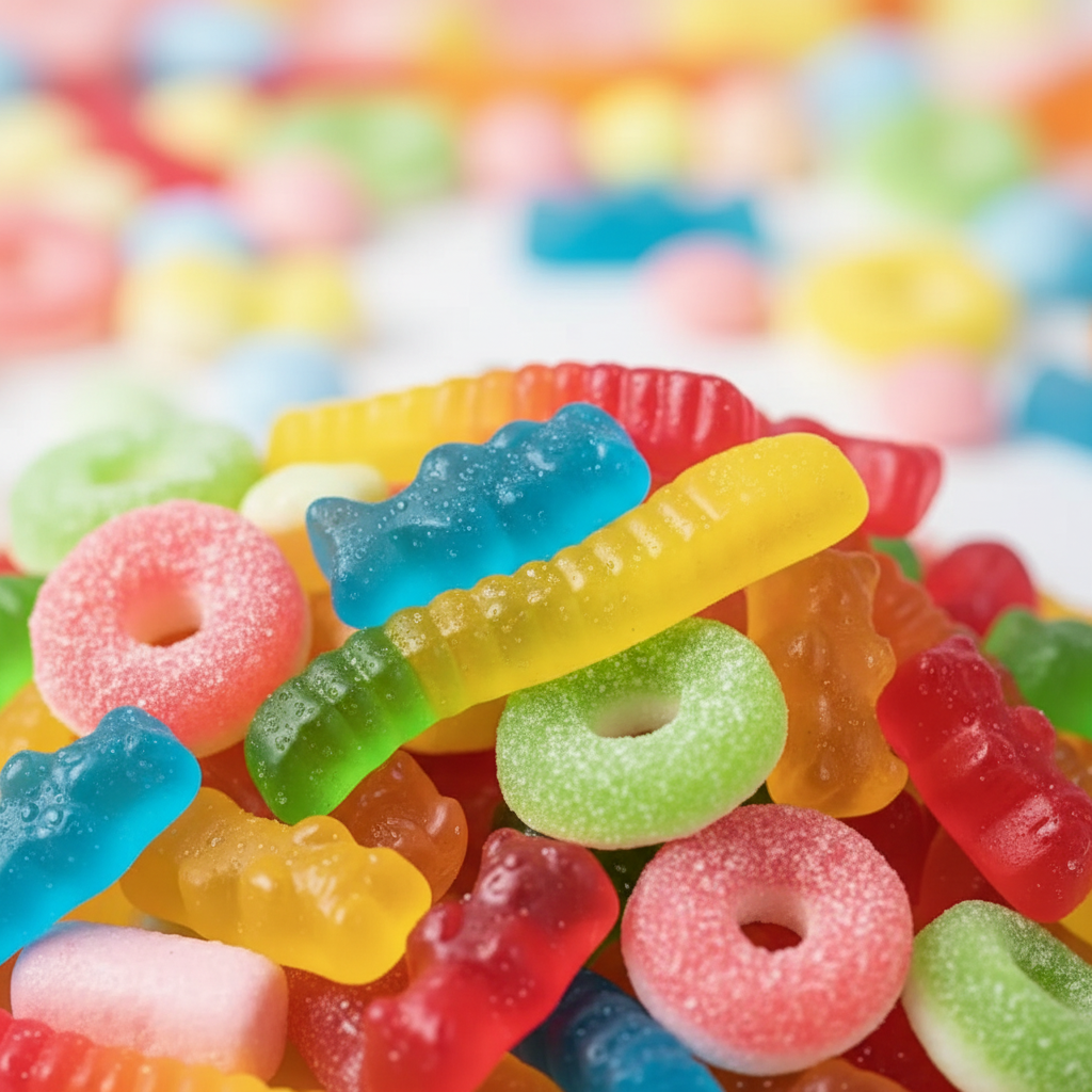 Gros plan de jujubes mous colorés brillants — oursons, vers, grenouilles, requins en rouge, bleu, jaune, vert, orange, rose