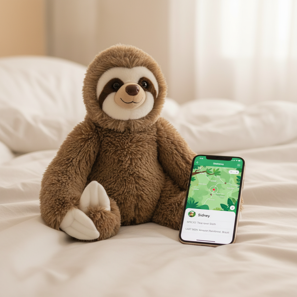 Toutou paresseux Fahlo sur lit avec téléphone montrant l’app de traçage de l’animal