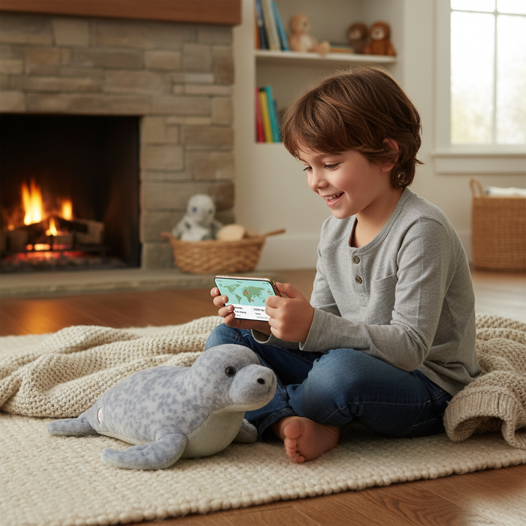 Enfant tenant un téléphone avec l'app de suivi Fahlo à côté de la peluche phoque