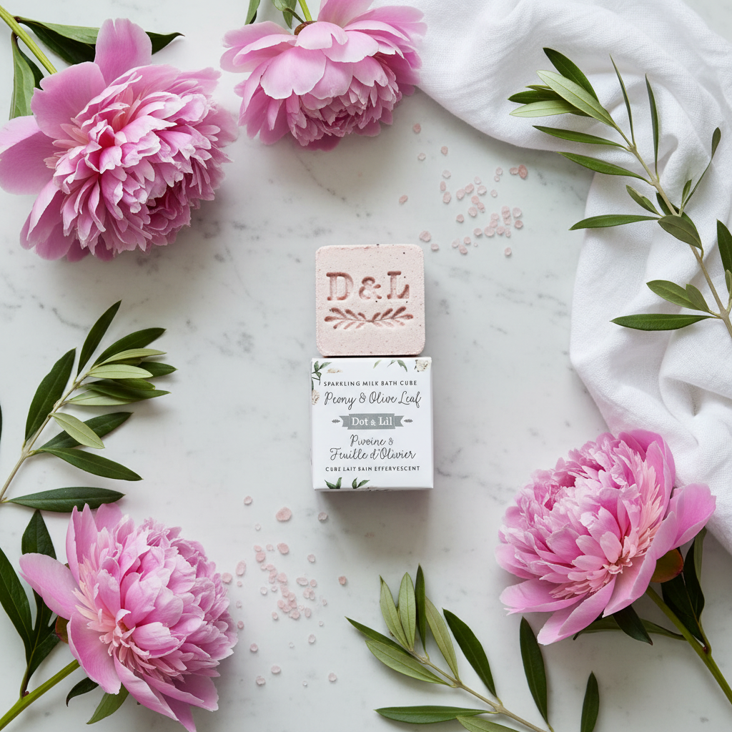 Cube lait de bain Pivoine Feuille d'Olivier Dot & Lil flat lay avec pivoines