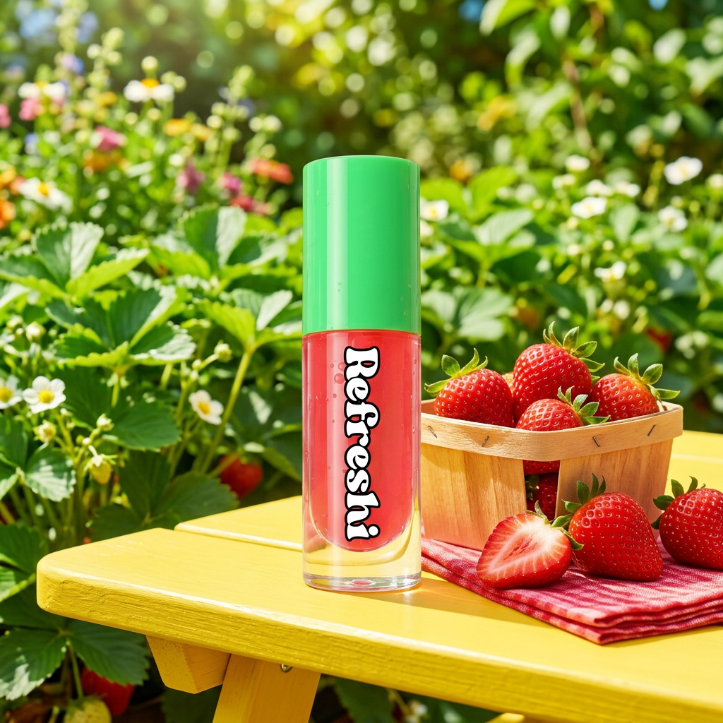 Huile à lèvres Refreshi Strawberry Daquiri dans une ambiance jardin colorée avec des fraises.