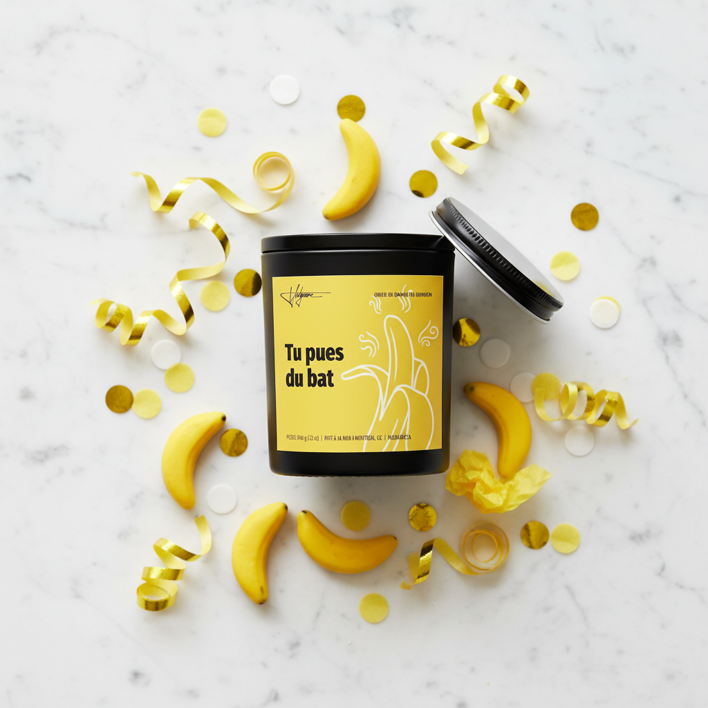 Flat lay bougie Vulgaire avec bonbons banane et emballage cadeau