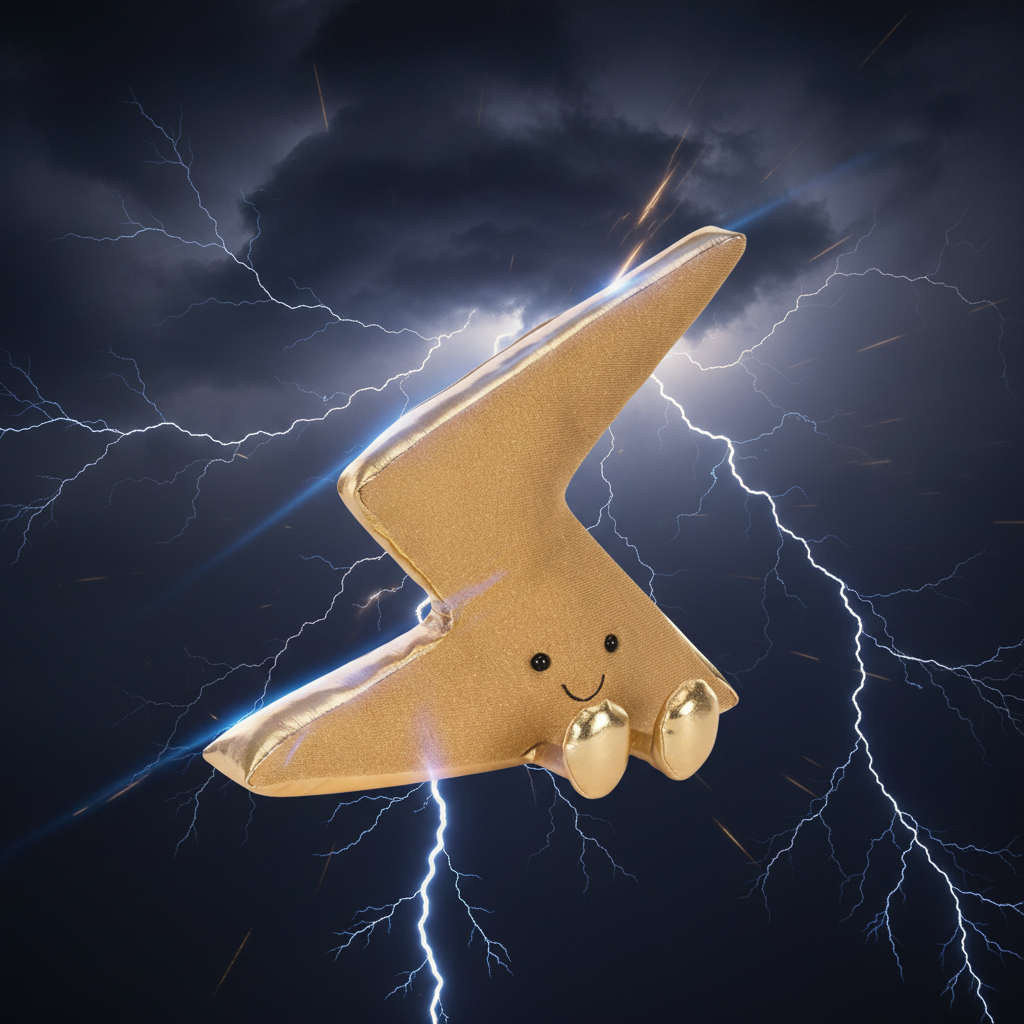 Jellycat Zapperty Lightning Bolt — Peluche éclair doré en ambiance ciel orageux électrique