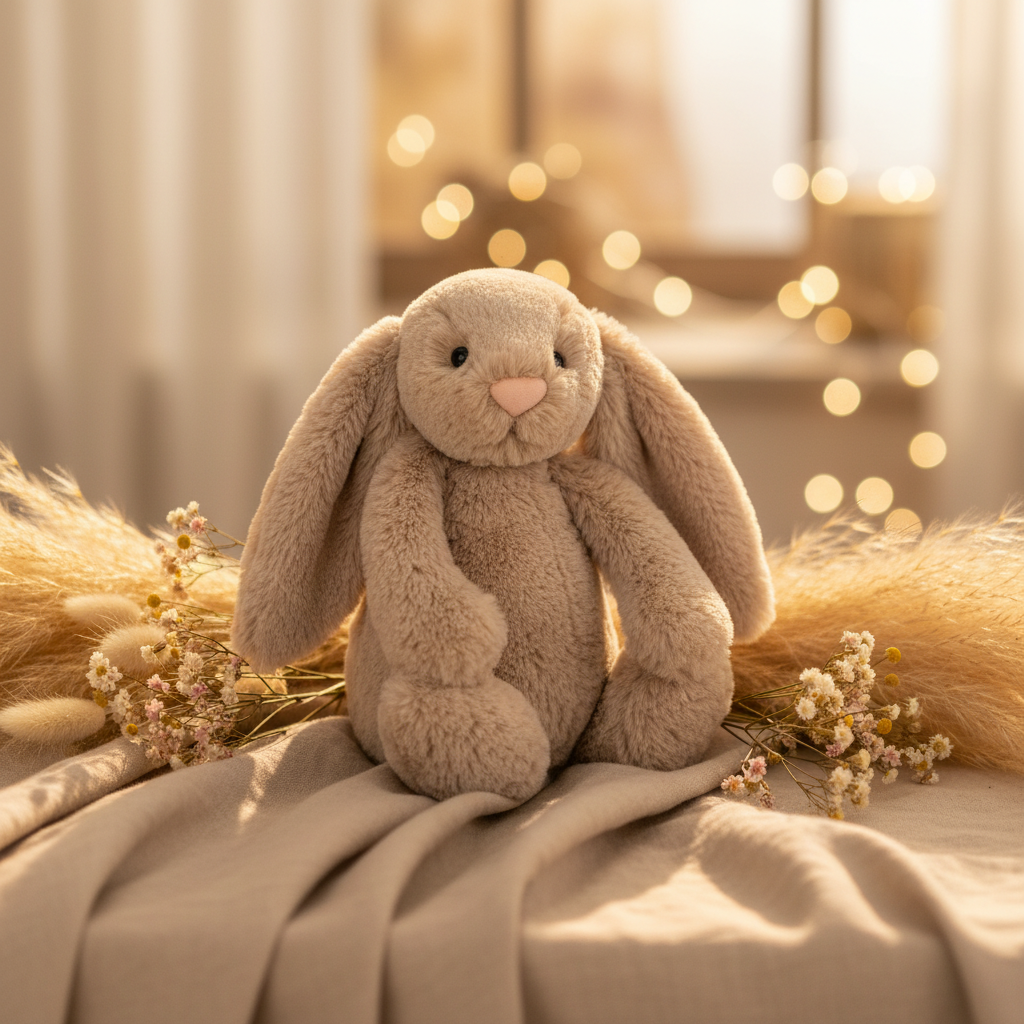 Peluche lapin Jellycat Bashful Beige Bunny dans un décor doux avec pampa et lin beige
