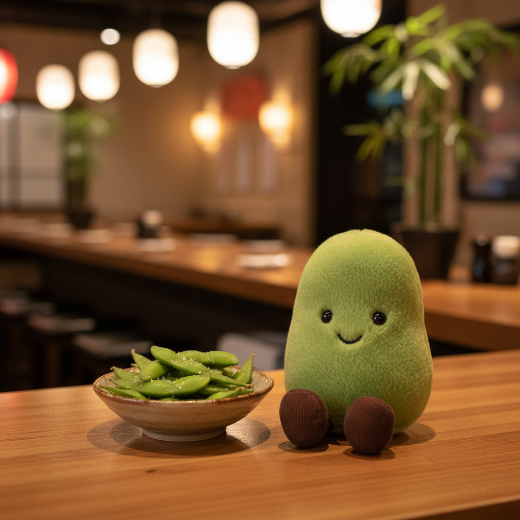 Jellycat Soyella Edamame Bean posée sur un comptoir de restaurant avec un bol d'edamame