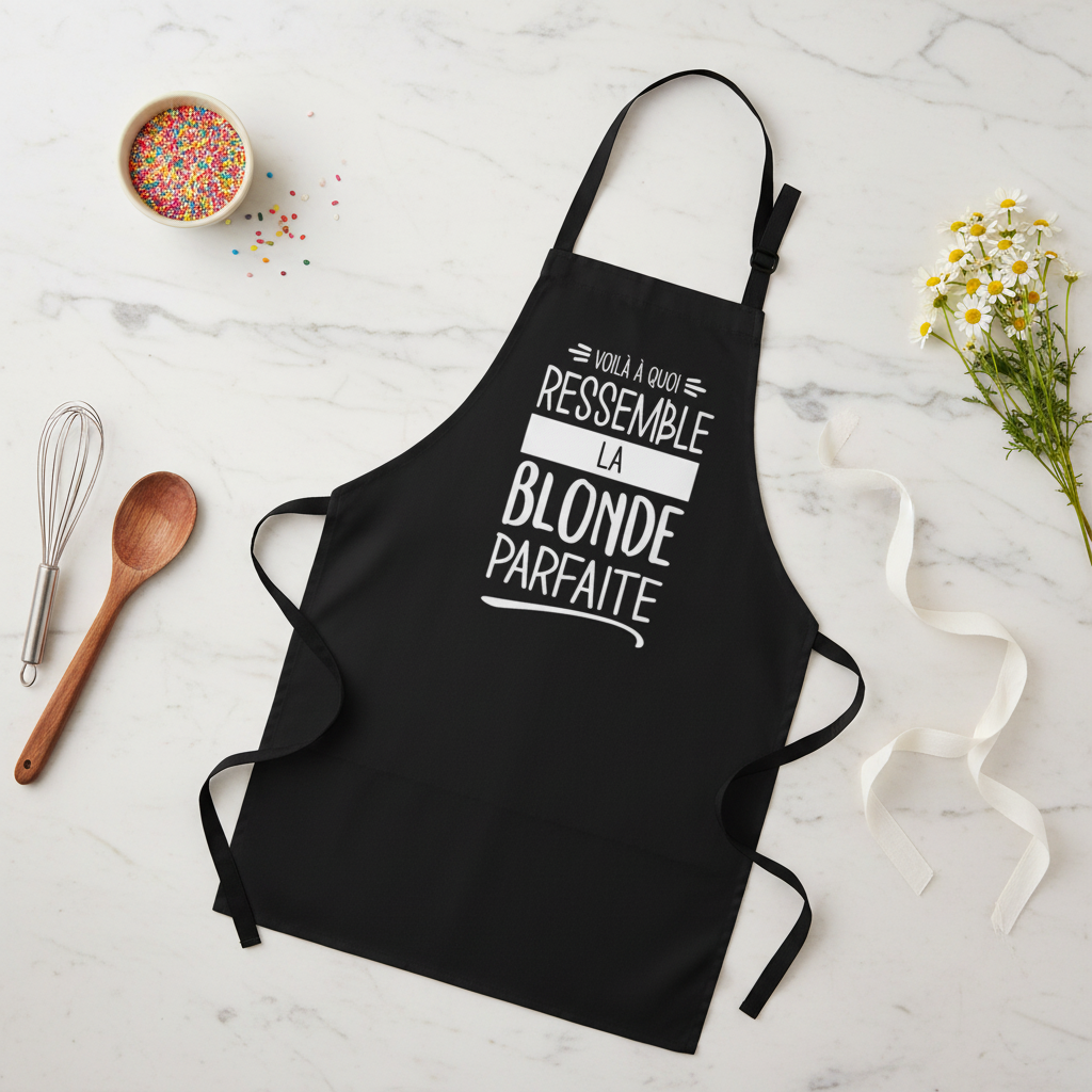 Flat lay tablier noir blonde parfaite sur marbre avec ustensiles