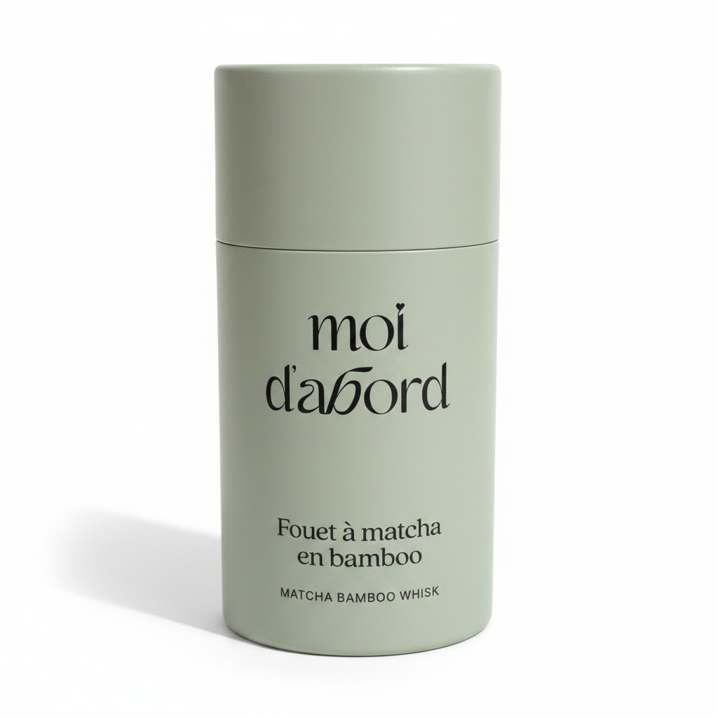 Tube vert sauge Fouet à Matcha en Bamboo Moi d'abord sur fond blanc