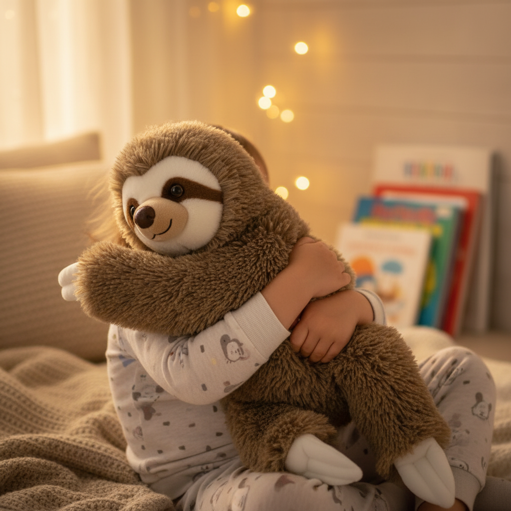 Enfant tenant le toutou paresseux Fahlo dans ses bras