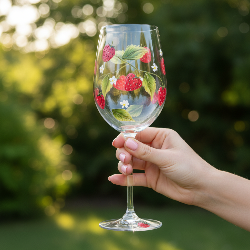 Coupe à vin Fraises des Champs tenue dans les mains dans un jardin