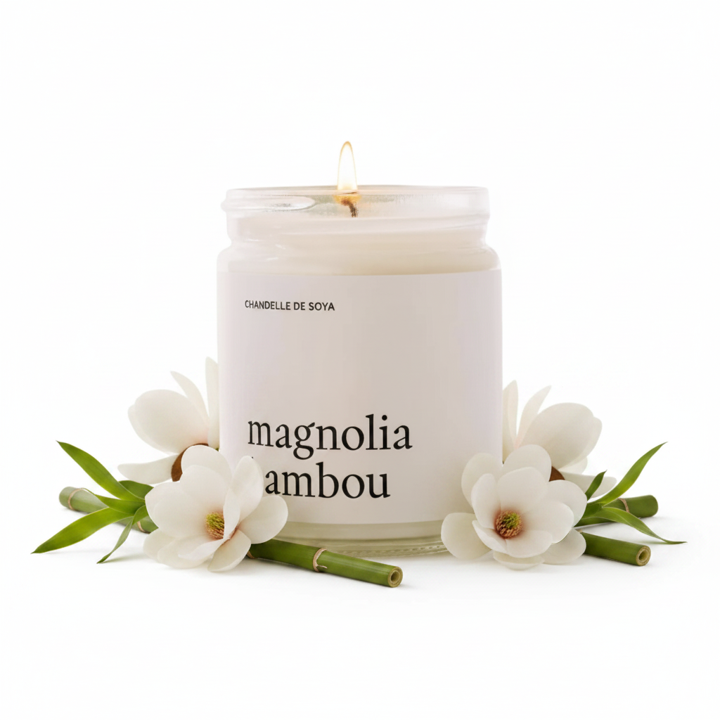 Chandelle de soya Magnolia Bambou Produits Marée sur fond blanc avec fleurs de magnolia et tiges de bambou