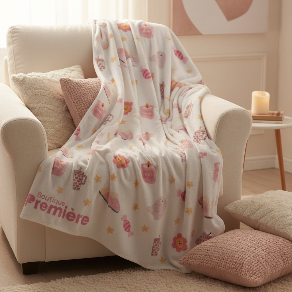 Couverture polaire Boutique Première drapée sur un canapé blanc avec coussins roses