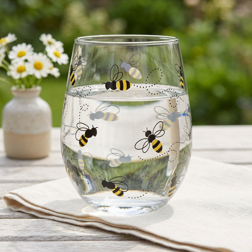 Verre à vin sans pied Abbott décoré d’abeilles, sur une table de terrasse avec une ambiance fleurie.