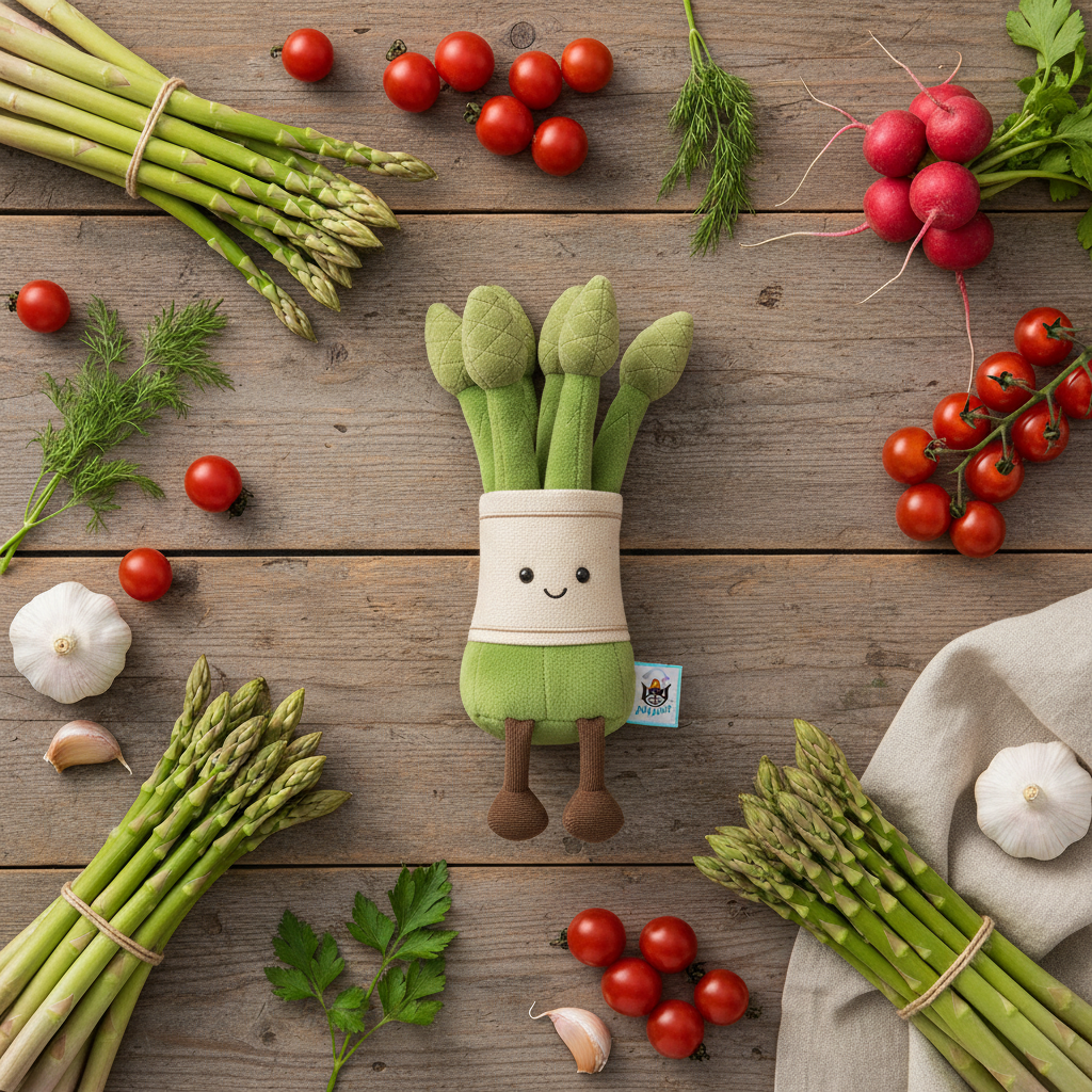 Jellycat Amuseables Asparagus sur une table de cuisine avec légumes frais
