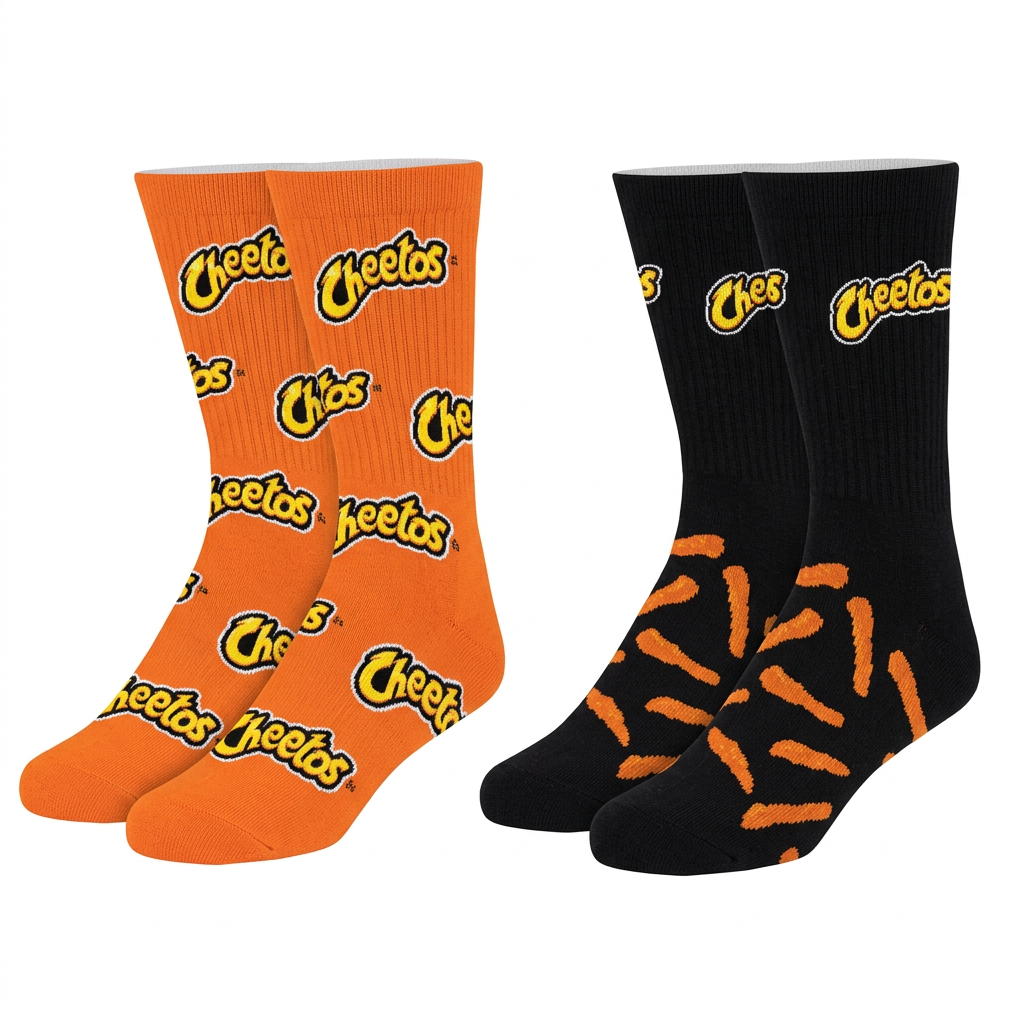 Deux paires de chaussettes Cheetos Crunchy orange et noire sur fond blanc.