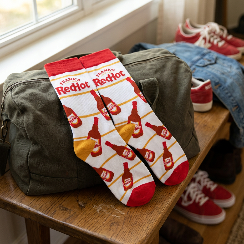 Chaussettes Frank’s RedHot présentées sur un sac dans un décor décontracté.
