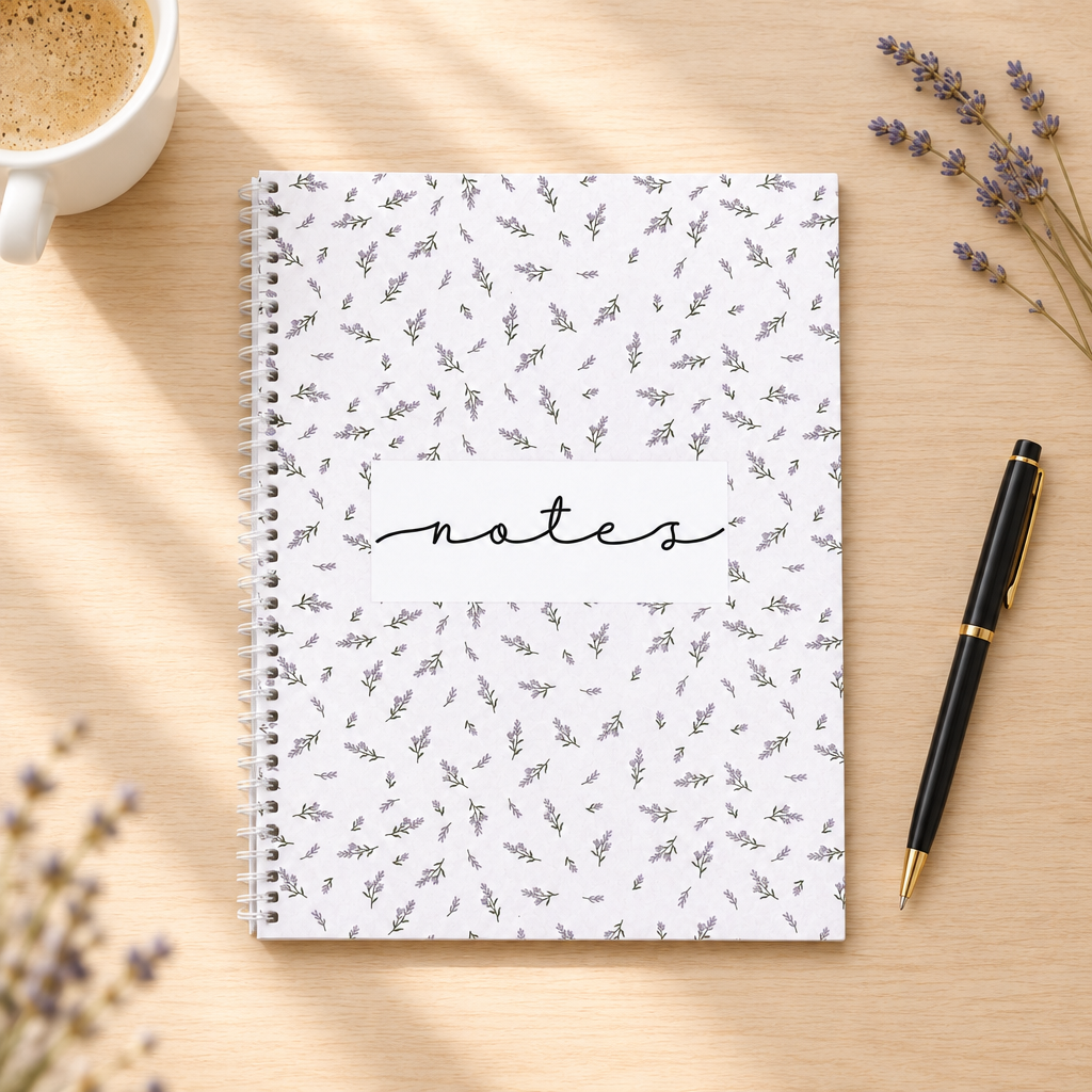 Cahier de notes botanique présenté sur un bureau en bois clair avec une tasse, un stylo et de la lavande