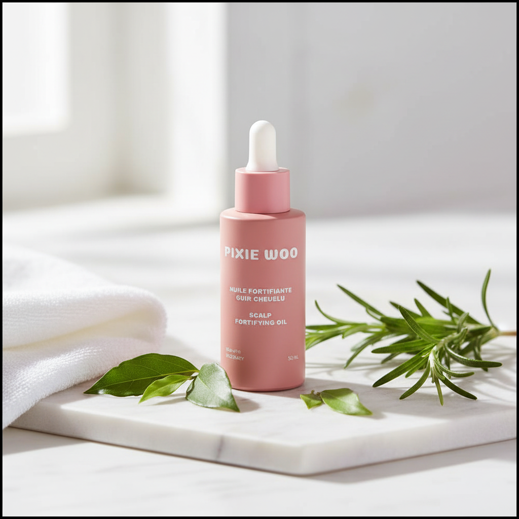 Flacon Pixie Woo Huile Fortifiante 50ml sur marbre blanc avec branches de romarin fraîches