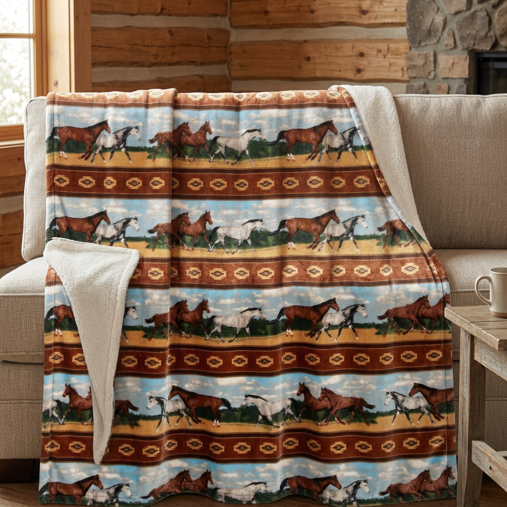 Couverture en peluche à motif de chevaux déployée sur un canapé dans un chalet