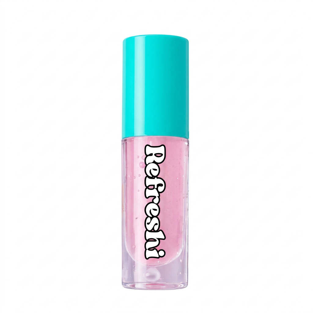 Huile à lèvres Refreshi Mango Dragon Fruit au capuchon turquoise, isolée sur fond blanc.