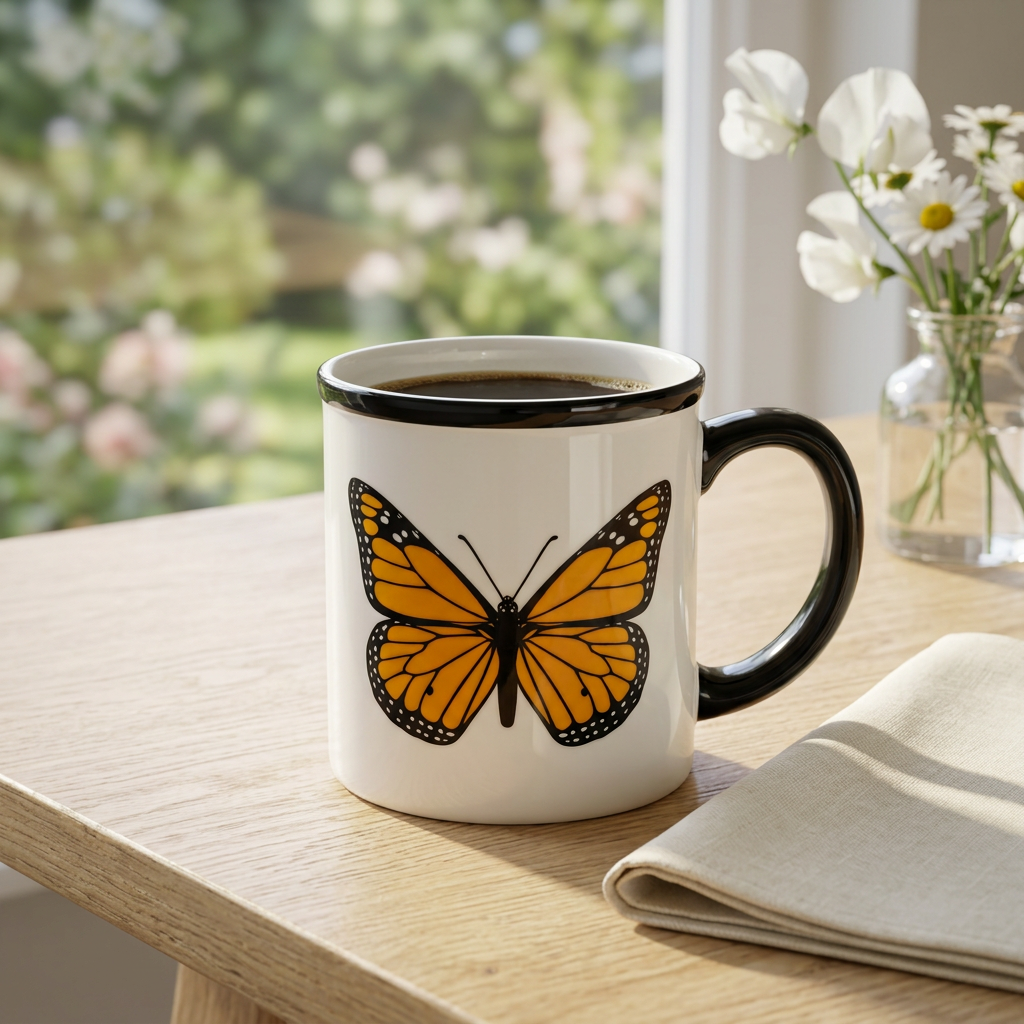 Tasse blanche Abbott à papillon monarque jaune, anse et rebord noirs, sur une table de déjeuner lumineuse.