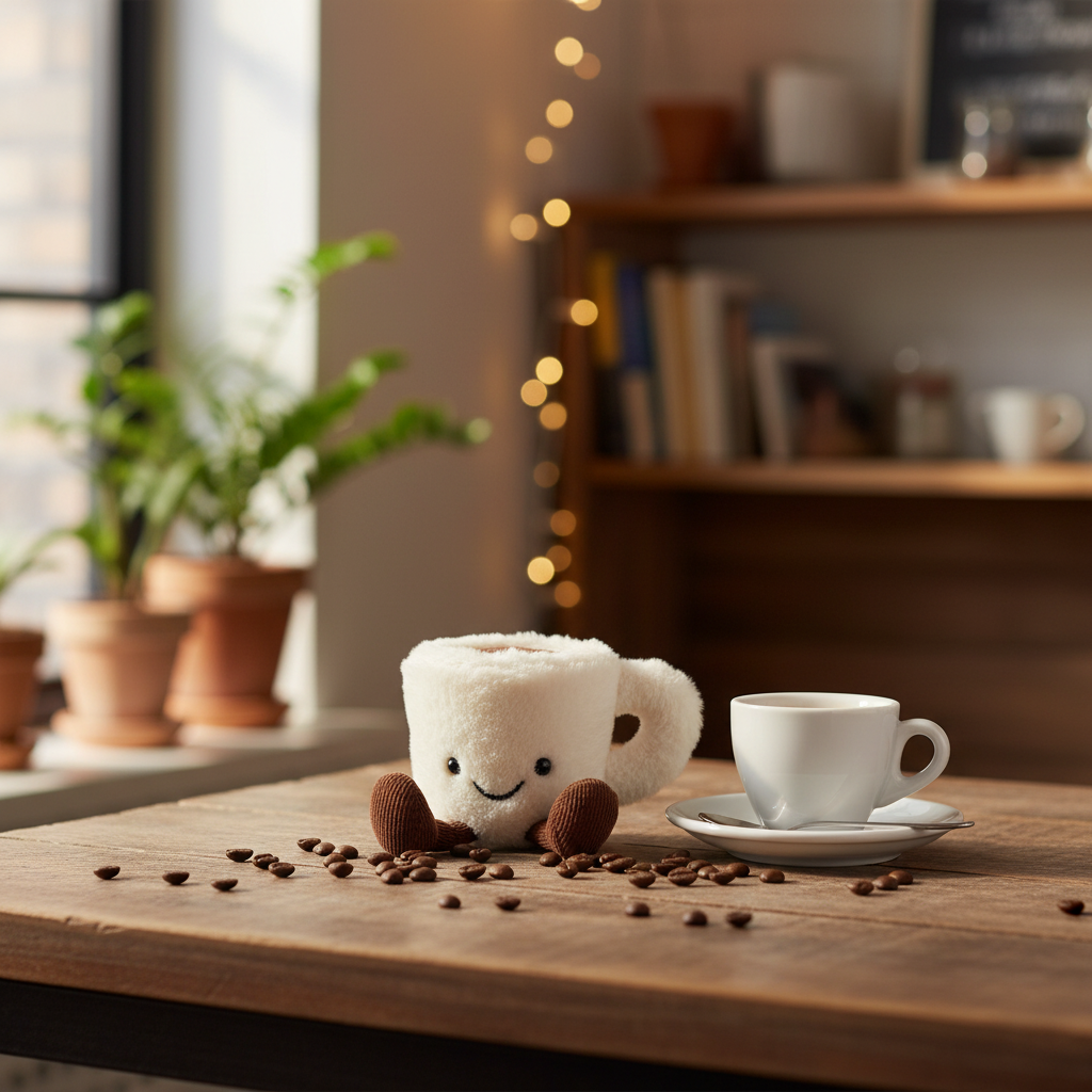 Peluche tasse espresso Jellycat Amuseable posée sur une table de café avec grains de café