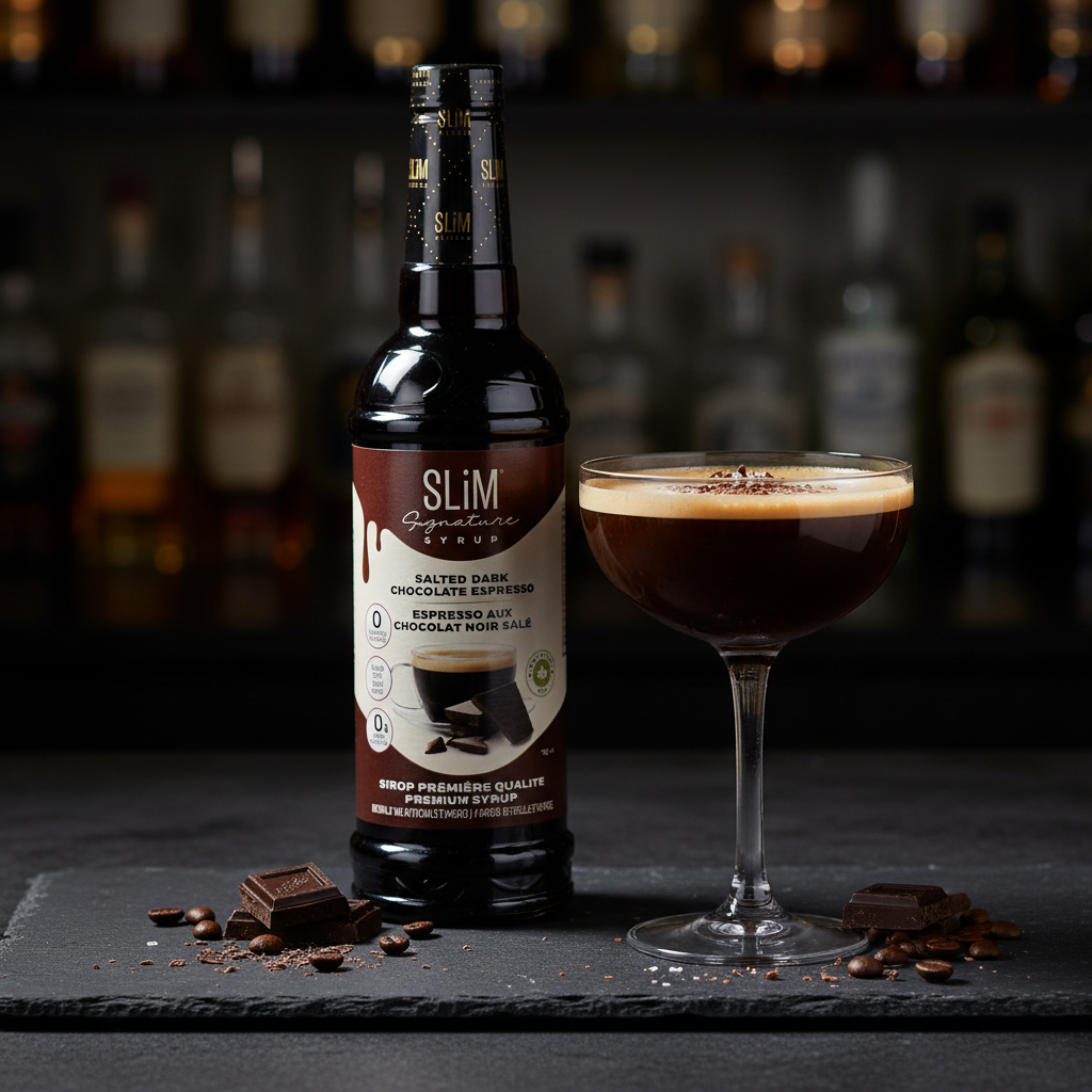 Sirop SLiM Espresso Chocolat Noir Salé avec espresso martini, chocolat noir et fleur de sel, ambiance bar sophistiqué