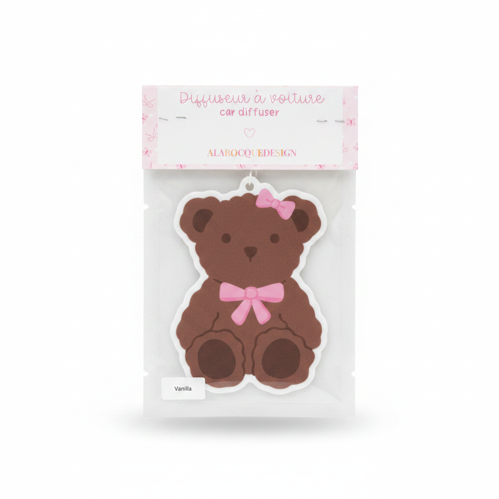 Diffuseur voiture ourson chocolat Alarocque fond blanc