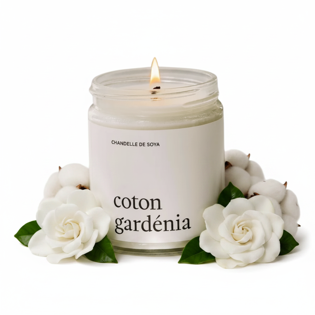 Chandelle de soya Coton Gardénia Produits Marée sur fond blanc avec fleurs de gardénia et coton