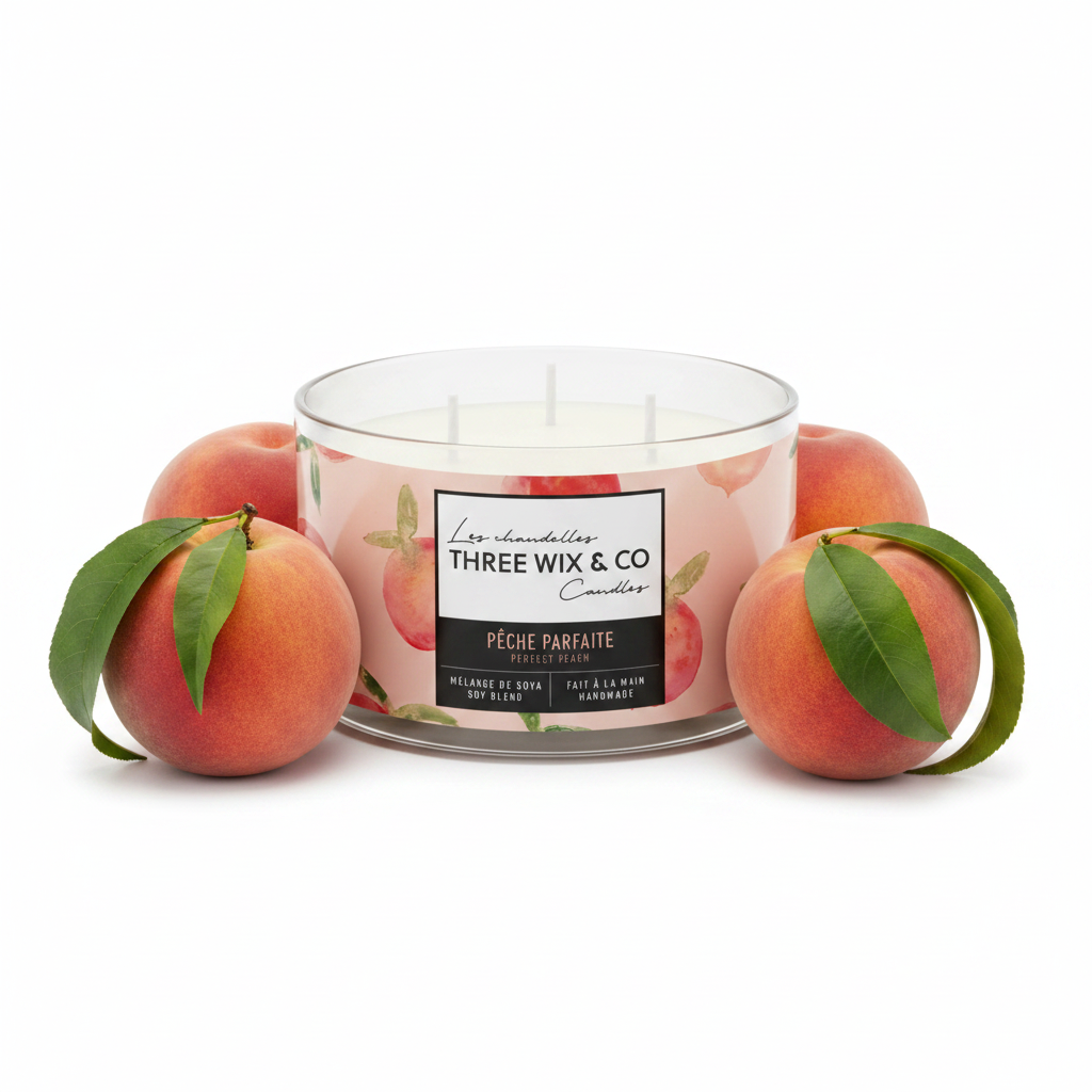 Chandelle 3 mèches Pêche Parfaite Three Wix & Co sur fond blanc avec pêches et feuilles vertes
