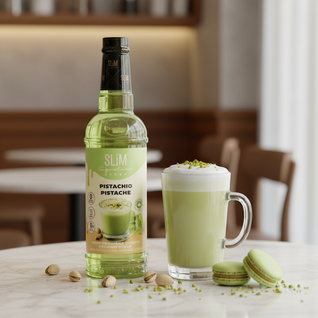 Sirop SLiM Pistache avec latte pistache crémeux et macarons, ambiance café élégant