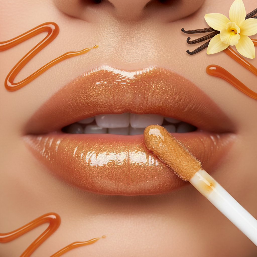 Lèvres glossy et lumineuses avec l'huile SOL Beauty Salted Caramel Vanilla Lip Oil, ambiance caramel doré