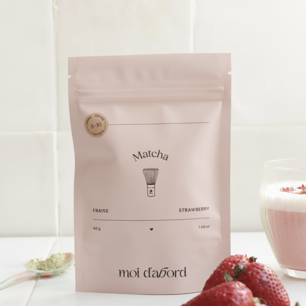 Sachet Matcha Fraise rosé Moi d'abord sur marbre avec fraises et latte rose