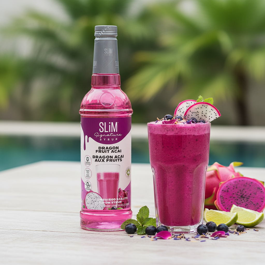 Sirop SLiM Dragon Fruit Açaï avec smoothie rose et fruits exotiques, ambiance tropicale